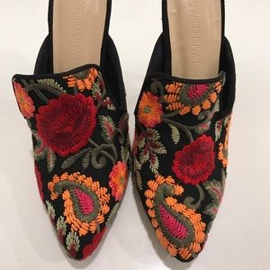 Wild Diva Embroidered Floral Slip On Mule Heels